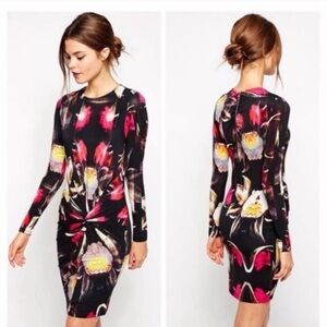 Ted Baker London Black and Pink Floral Long Sleeve Dress